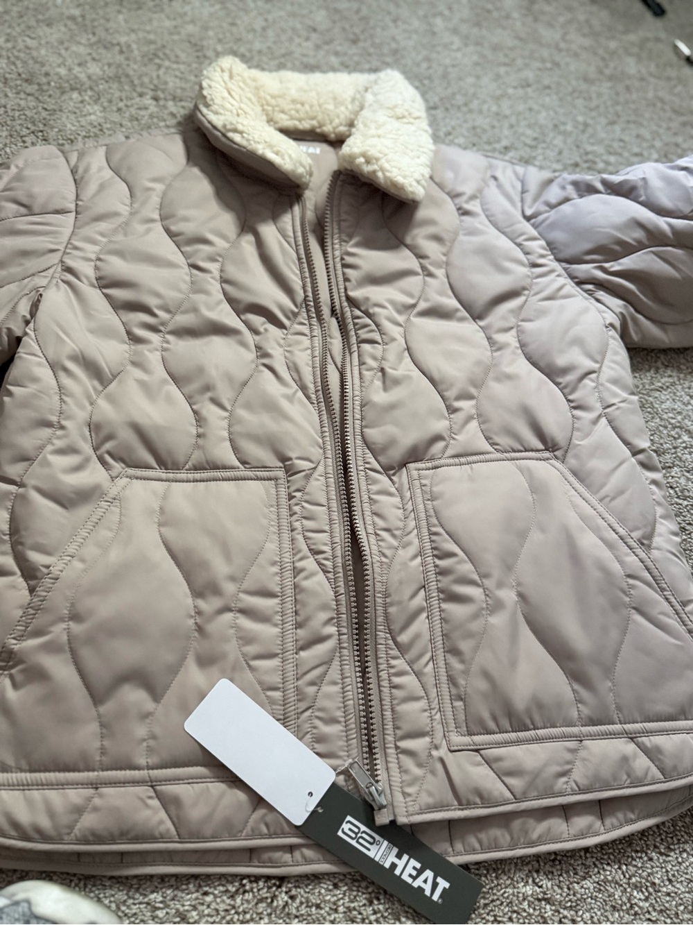 32 Degrees Quilted Pea Coat with Sherpa Collar - Taupe